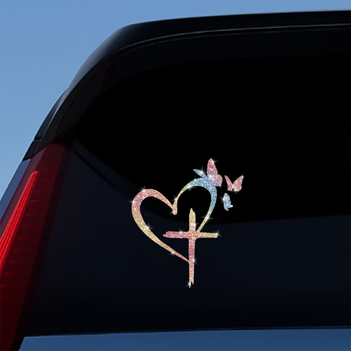 Christianartworkshop Autocollant imperméable pour vitre de voiture en forme de cœur, croix et papillon pailletés : un symbole d’amour sacré - image 7