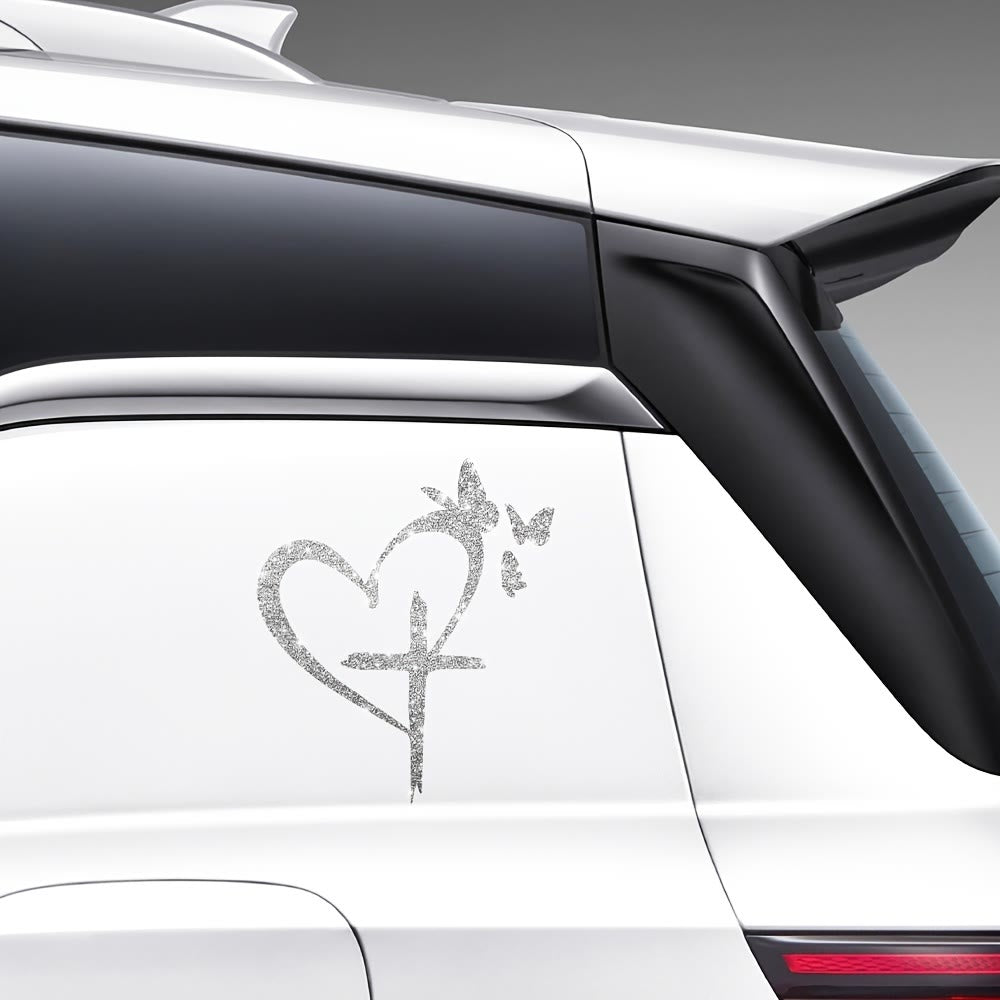 Christianartworkshop Autocollant imperméable pour vitre de voiture en forme de cœur, croix et papillon pailletés : un symbole d’amour sacré - image 4
