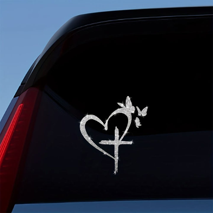 Christianartworkshop Autocollant imperméable pour vitre de voiture en forme de cœur, croix et papillon pailletés : un symbole d’amour sacré - image 3