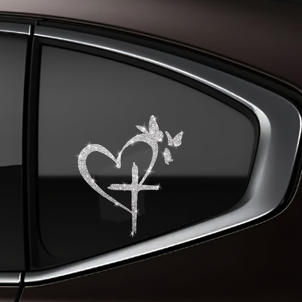 Christianartworkshop Autocollant imperméable pour vitre de voiture en forme de cœur, croix et papillon pailletés : un symbole d’amour sacré - Blanc - image 0