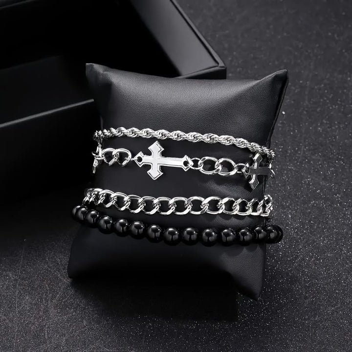 Christianartworkshop Ensemble de 4 bracelets empilables à plusieurs rangs avec corde torsadée, chaîne gourmette et perles rondes noires et breloque croix - image 4