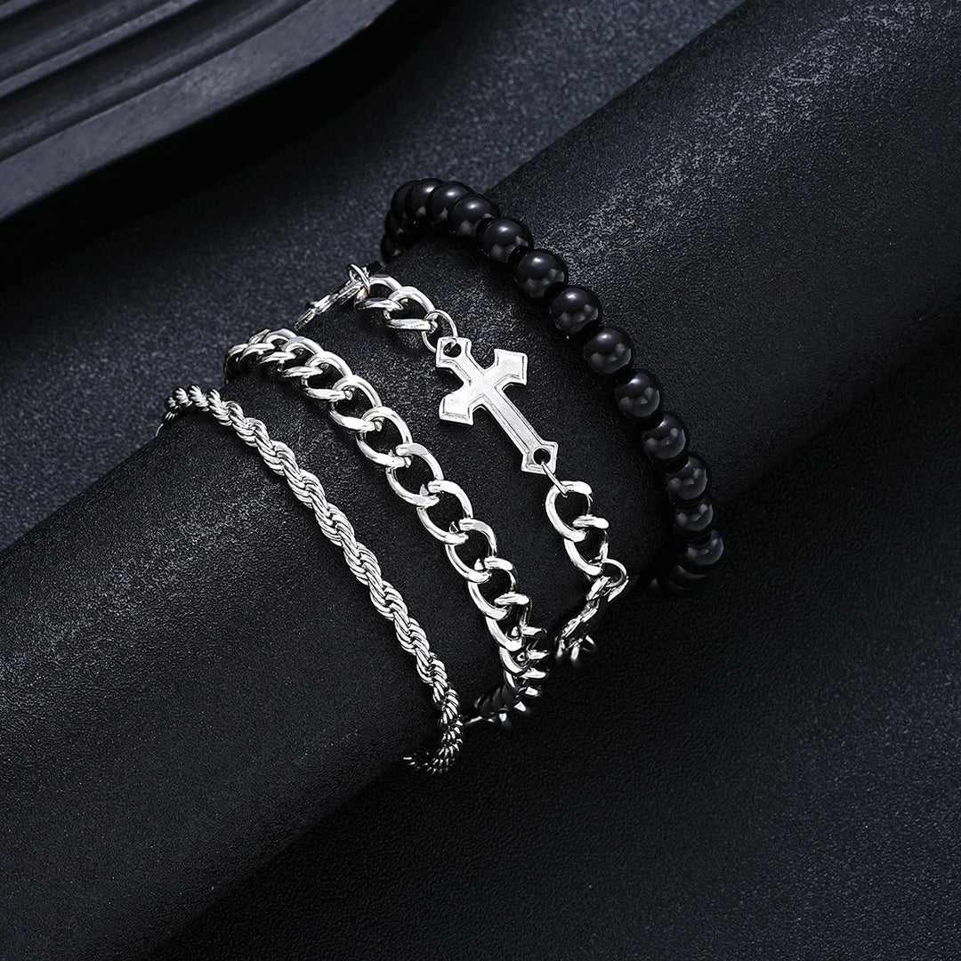 Christianartworkshop Ensemble de 4 bracelets empilables à plusieurs rangs avec corde torsadée, chaîne gourmette et perles rondes noires et breloque croix - Argent - image 0