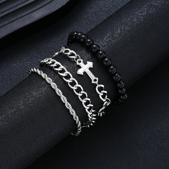 Christianartworkshop Ensemble de 4 bracelets empilables à plusieurs rangs avec corde torsadée, chaîne gourmette et perles rondes noires et breloque croix - Argent - image 0