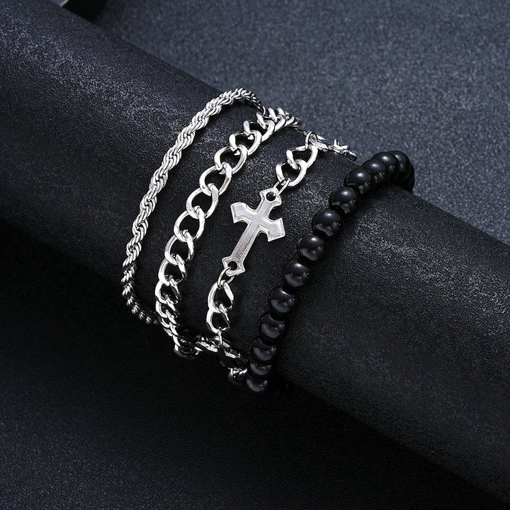 Christianartworkshop Ensemble de 4 bracelets empilables à plusieurs rangs avec corde torsadée, chaîne gourmette et perles rondes noires et breloque croix - image 6