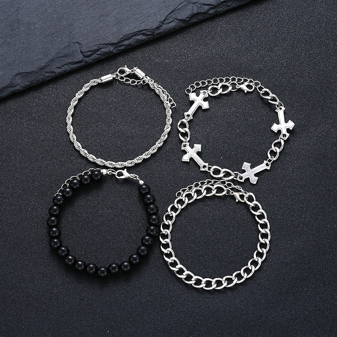 Christianartworkshop Ensemble de 4 bracelets empilables à plusieurs rangs avec corde torsadée, chaîne gourmette et perles rondes noires et breloque croix - image 7