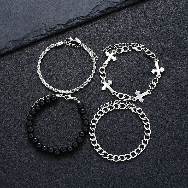 Christianartworkshop Ensemble de 4 bracelets empilables à plusieurs rangs avec corde torsadée, chaîne gourmette et perles rondes noires et breloque croix - image 7