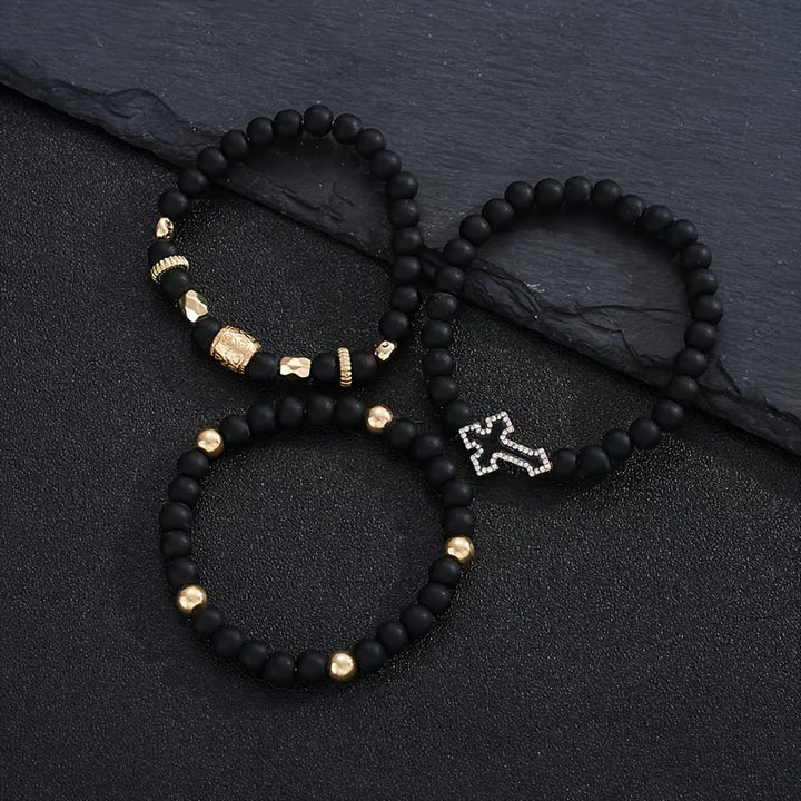 Christianartworkshop Bracelet extensible multicouche en perles de pierre noire mate avec croix pavée de zircon et entretoises dorées sculptées - image 7