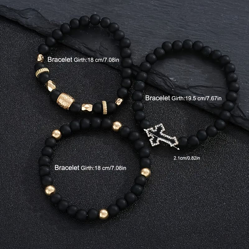 Christianartworkshop Bracelet extensible multicouche en perles de pierre noire mate avec croix pavée de zircon et entretoises dorées sculptées - image 8