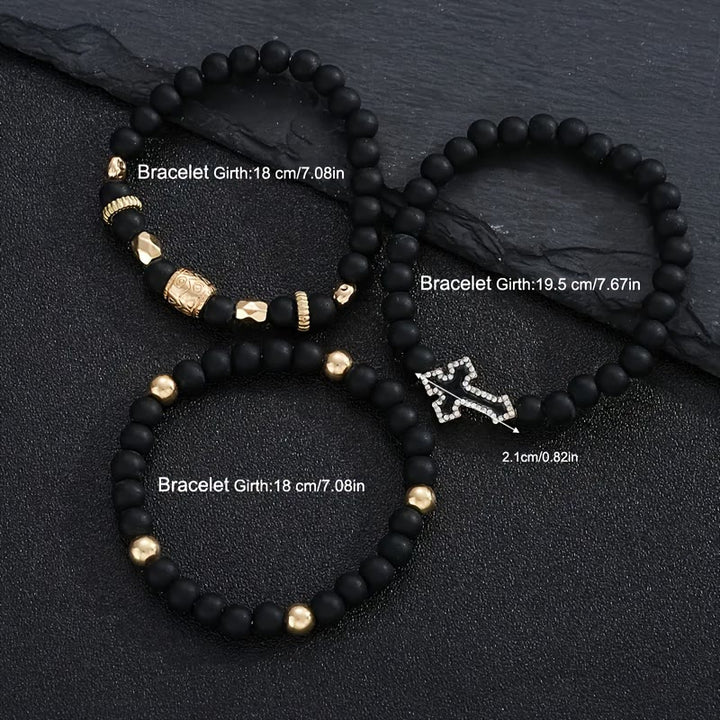 Christianartworkshop Bracelet extensible multicouche en perles de pierre noire mate avec croix pavée de zircon et entretoises dorées sculptées - image 8