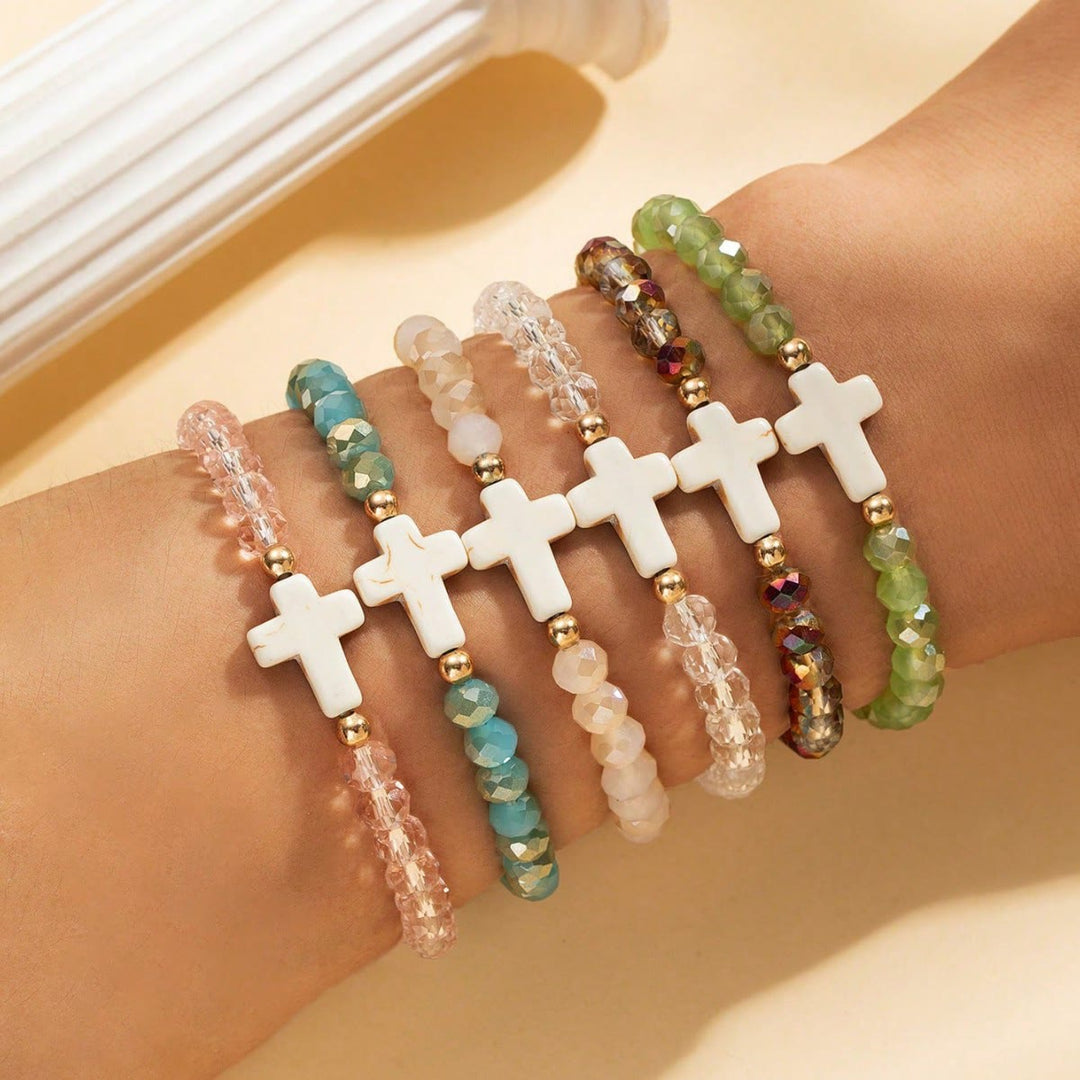 Christianartworkshop Bracelet croix multicouche en cristal facetté, minéral mat et perles rondes lisses - B - image 3