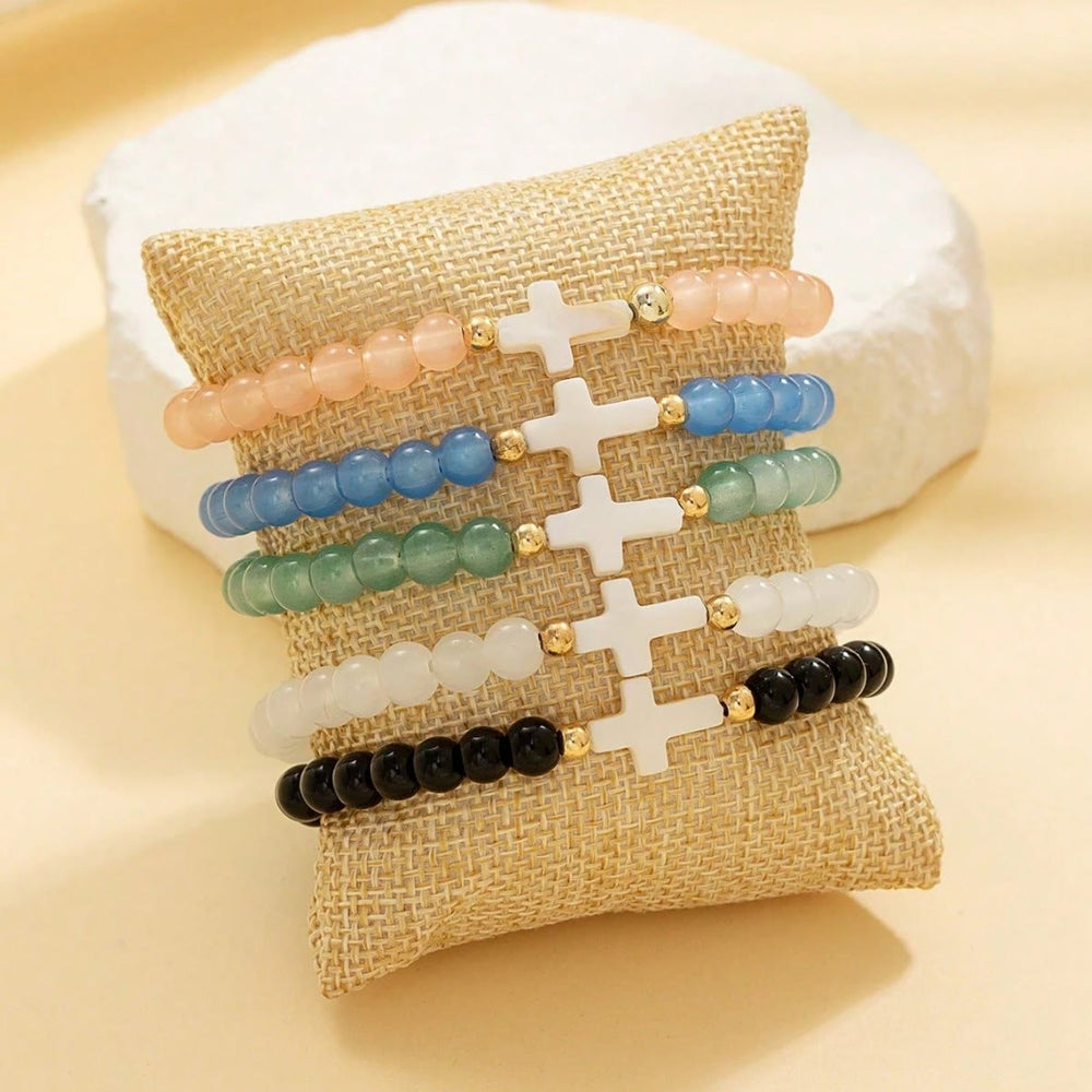 Christianartworkshop Bracelet croix multicouche en cristal facetté, minéral mat et perles rondes lisses - image 1