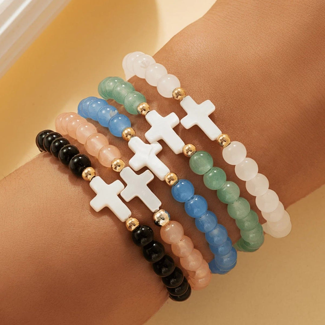 Christianartworkshop Bracelet croix multicouche en cristal facetté, minéral mat et perles rondes lisses - UN - image 0