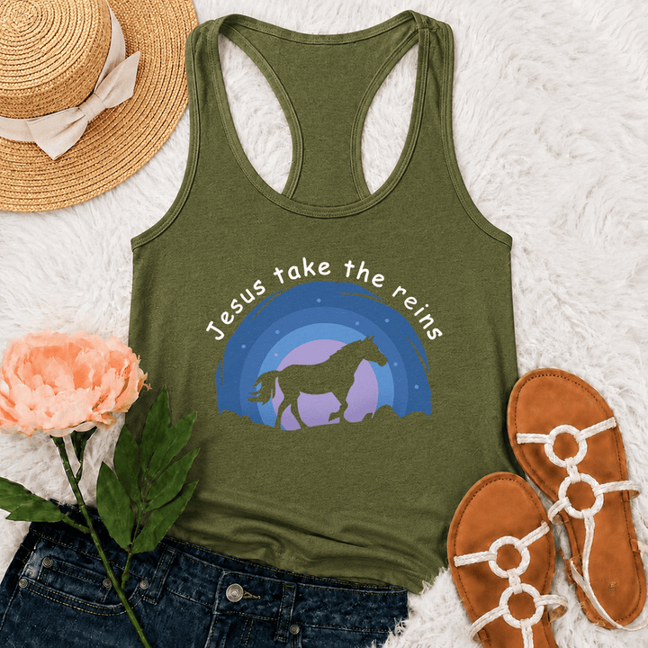 Christianartworkshop Débardeur dos nageur Cowgirl Cheval Sauvage Jésus Prend les Rênes - Vert armée - 2XL - image 21