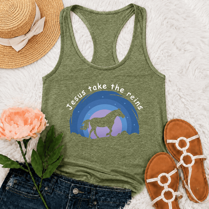 Christianartworkshop Débardeur dos nageur Cowgirl Cheval Sauvage Jésus Prend les Rênes - Vert olive - 2XL - image 18