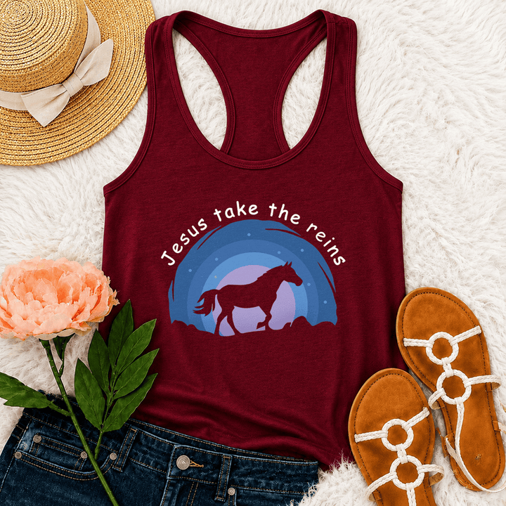 Christianartworkshop Débardeur dos nageur Cowgirl Cheval Sauvage Jésus Prend les Rênes - Vin - 2XL - image 0