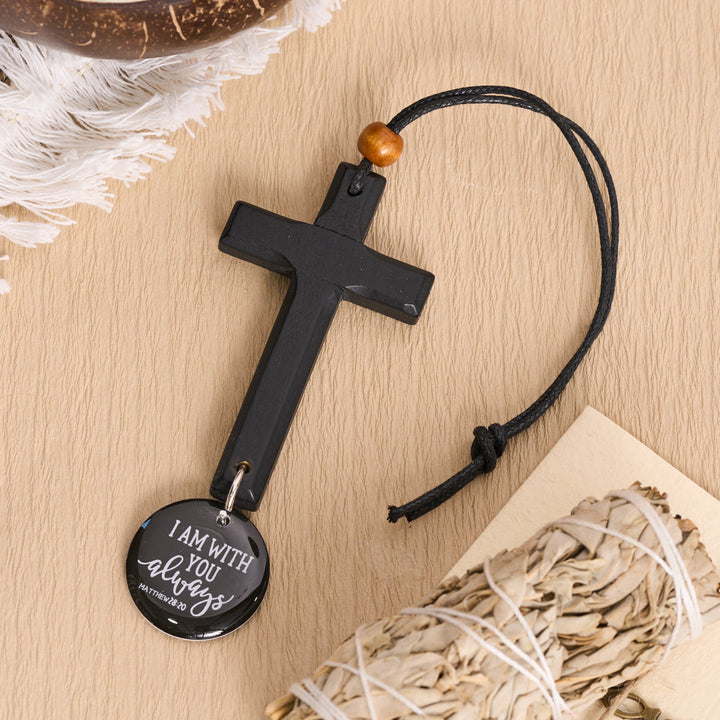 Christianartworkshop Pendentif pour voiture connectée en forme de croix classique en bois massif sculpté, avec référence NFC et verset Matthieu 28:20. - Noir - image 5