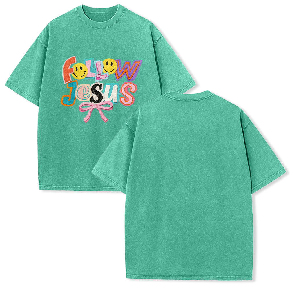 Christianartworkshop T-shirt unisexe délavé avec inscription « Follow Jesus Smile Bow Color Block Letter » - Vert - 5XL - image 10