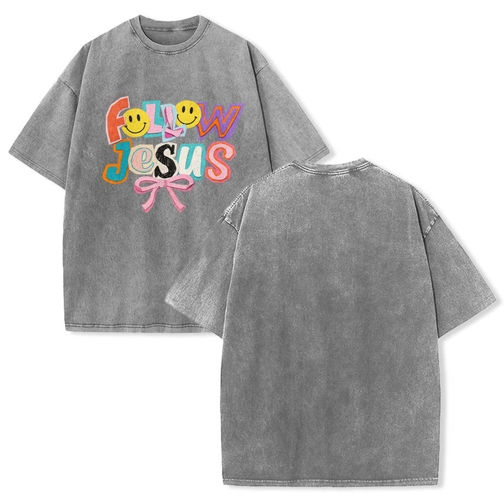 Christianartworkshop T-shirt unisexe délavé avec inscription « Follow Jesus Smile Bow Color Block Letter » - Gris - 5XL - image 4