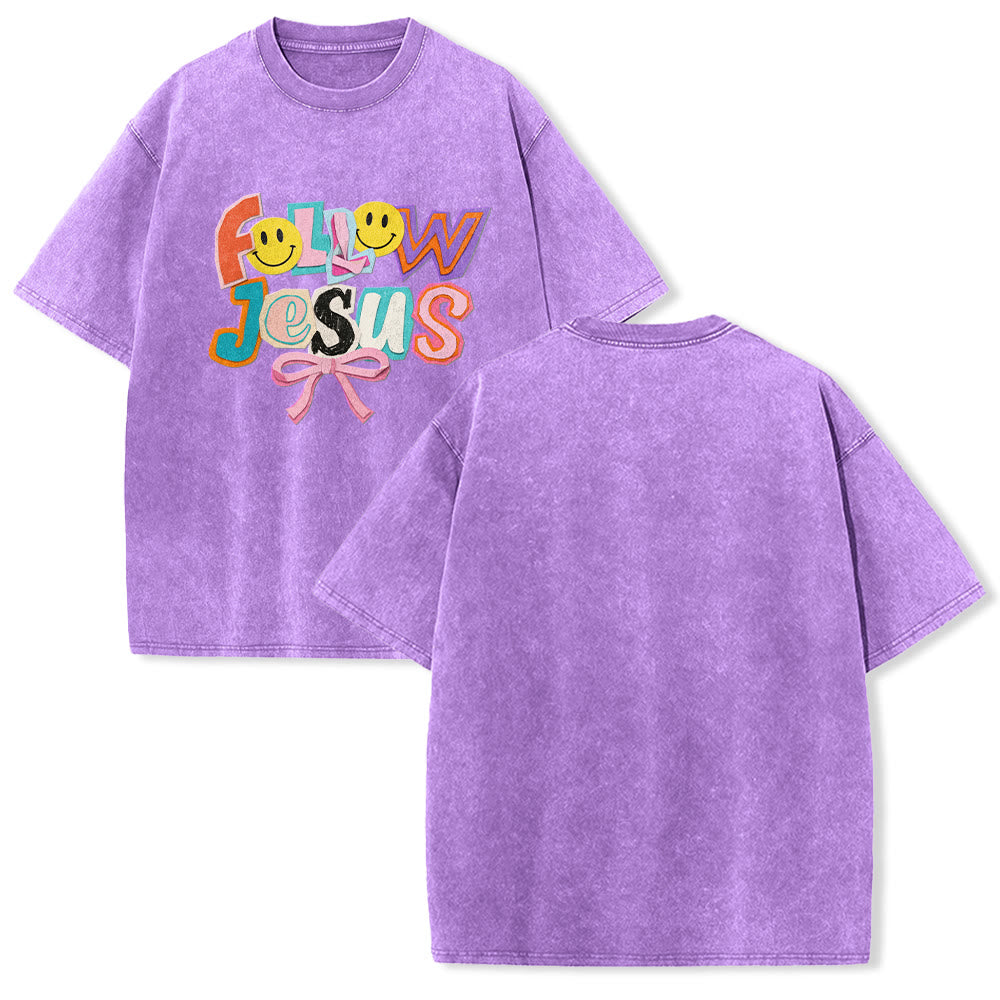 Christianartworkshop T-shirt unisexe délavé avec inscription « Follow Jesus Smile Bow Color Block Letter » - Violet - 5XL - image 22