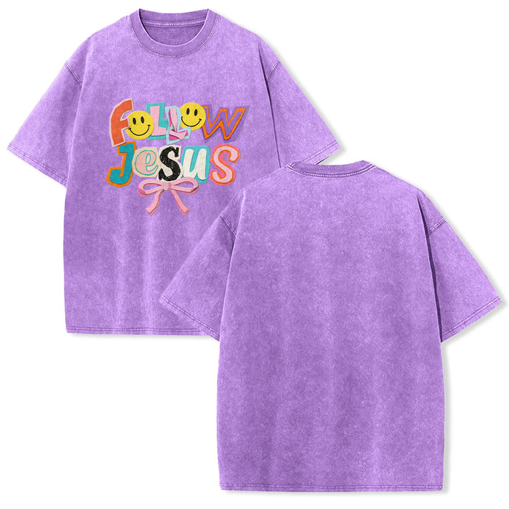 Christianartworkshop T-shirt unisexe délavé avec inscription « Follow Jesus Smile Bow Color Block Letter » - Violet - 5XL - image 22