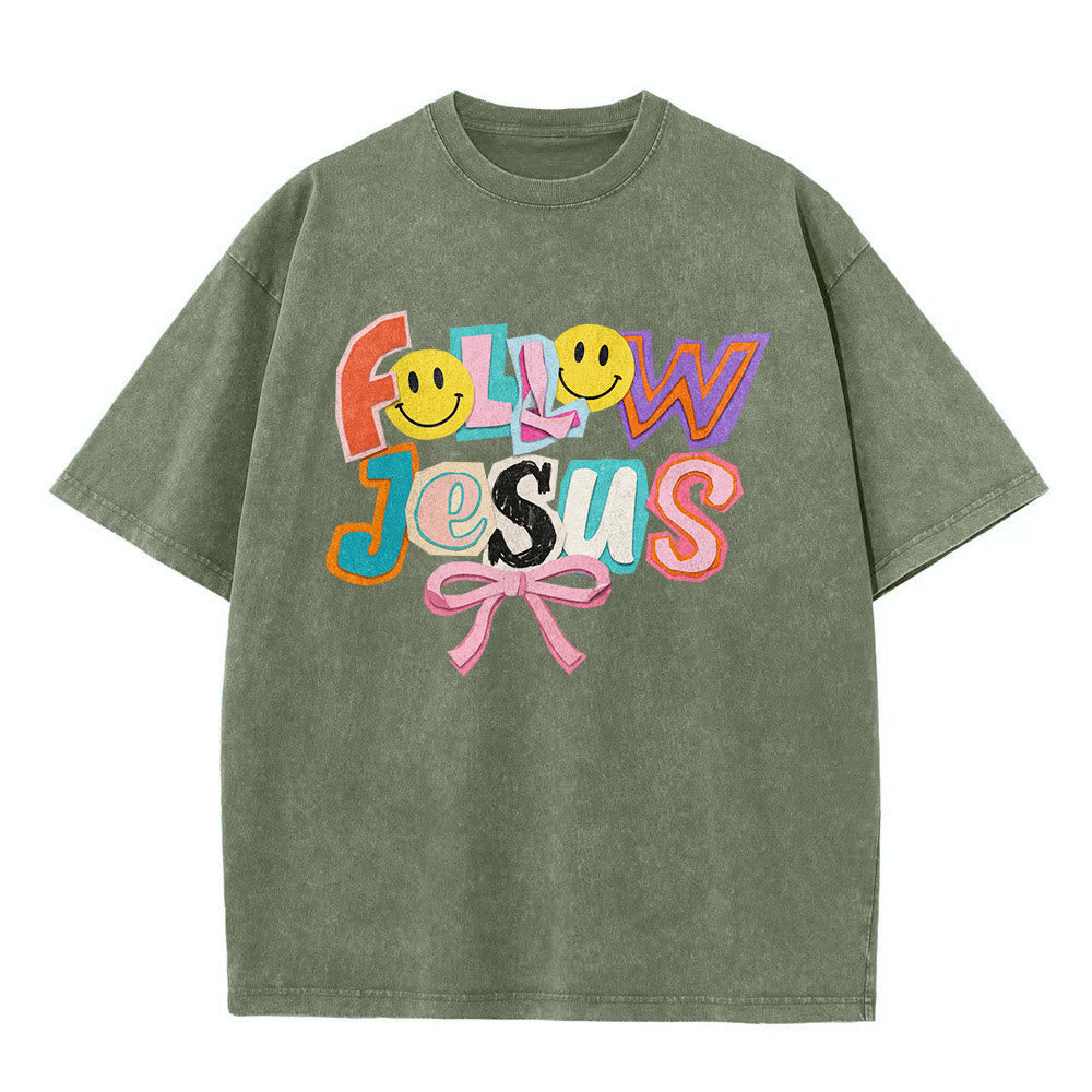 Christianartworkshop T-shirt unisexe délavé avec inscription « Follow Jesus Smile Bow Color Block Letter » - image 8
