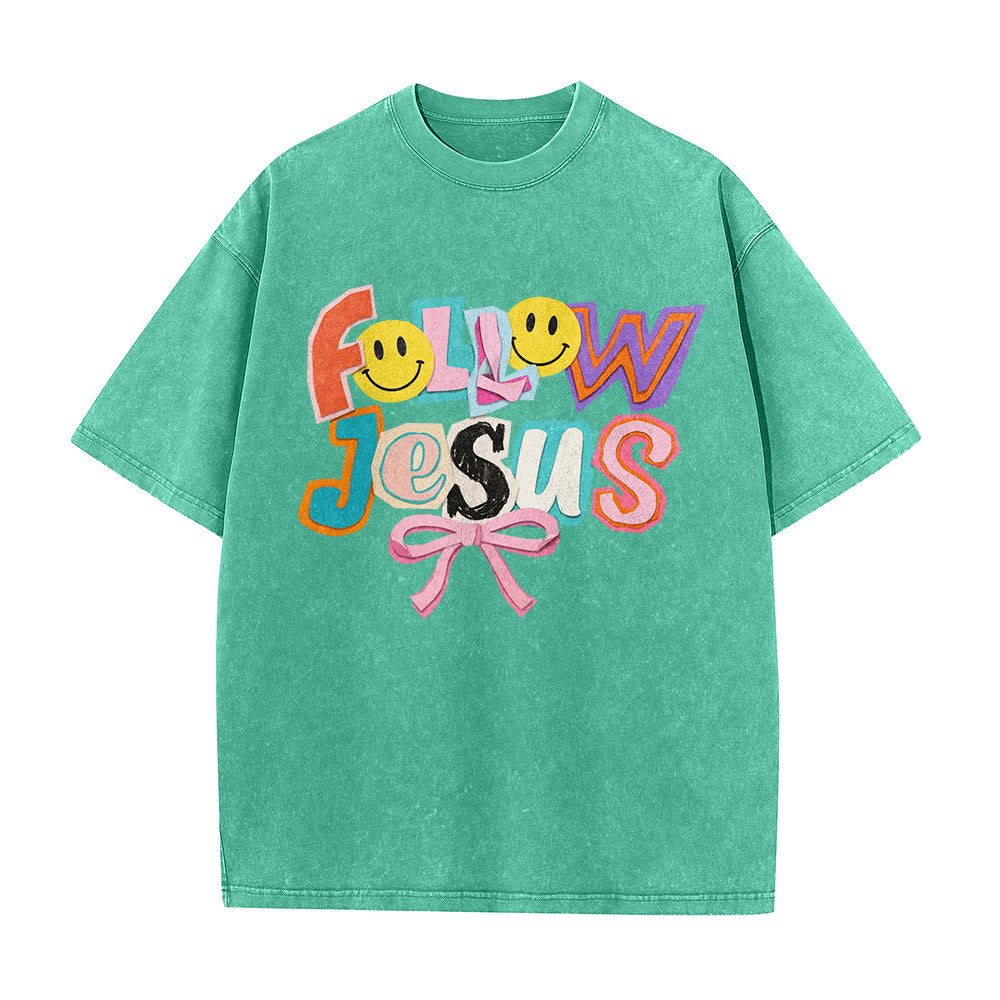 Christianartworkshop T-shirt unisexe délavé avec inscription « Follow Jesus Smile Bow Color Block Letter » - image 11