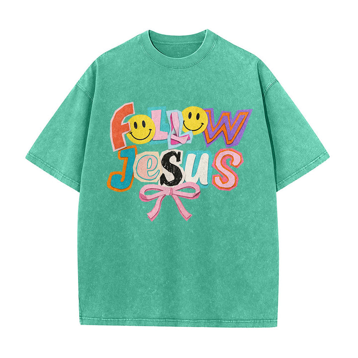Christianartworkshop T-shirt unisexe délavé avec inscription « Follow Jesus Smile Bow Color Block Letter » - image 11