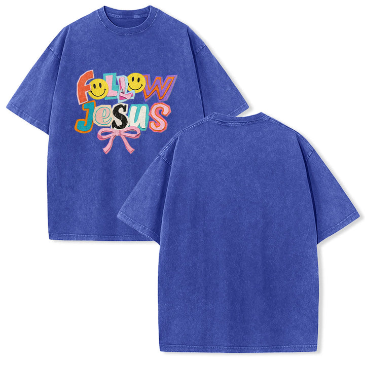 Christianartworkshop T-shirt unisexe délavé avec inscription « Follow Jesus Smile Bow Color Block Letter » - Bleu - 5XL - image 25
