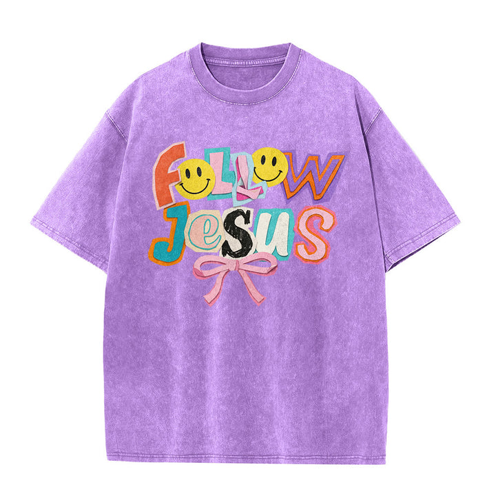 Christianartworkshop T-shirt unisexe délavé avec inscription « Follow Jesus Smile Bow Color Block Letter » - image 23