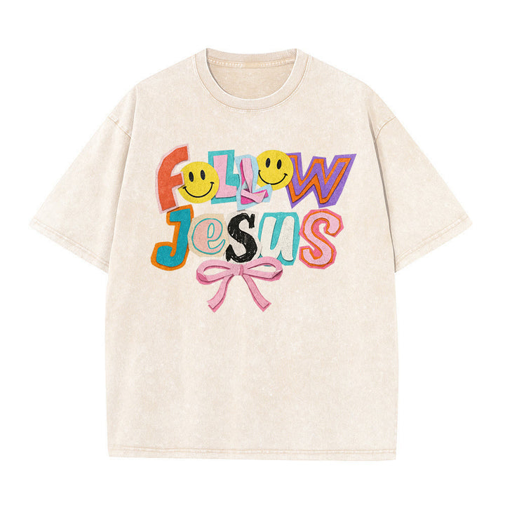 Christianartworkshop T-shirt unisexe délavé avec inscription « Follow Jesus Smile Bow Color Block Letter » - image 17