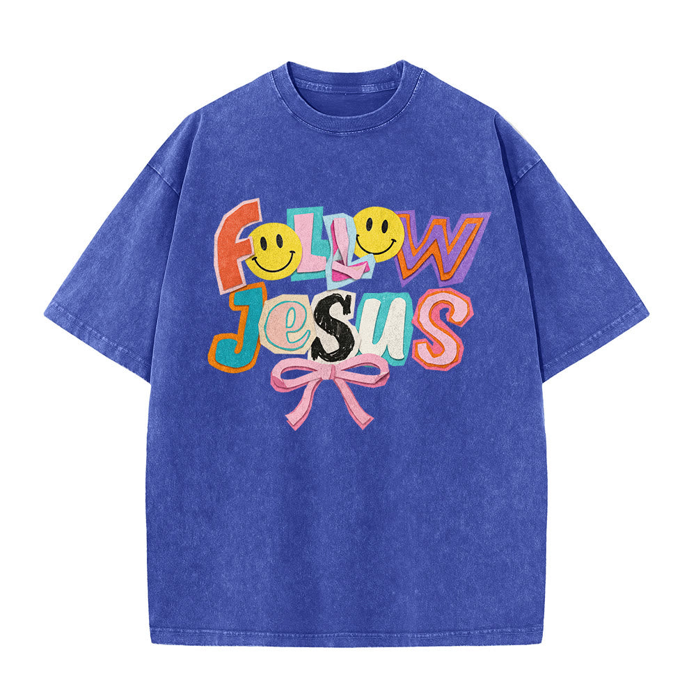 Christianartworkshop T-shirt unisexe délavé avec inscription « Follow Jesus Smile Bow Color Block Letter » - image 26