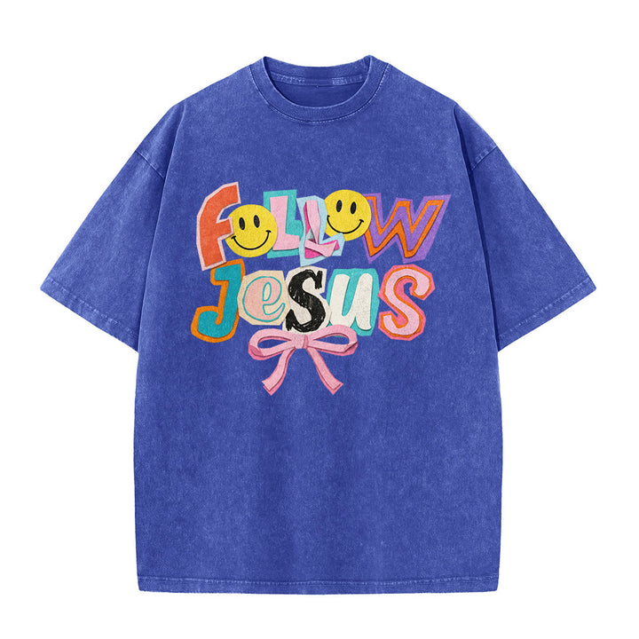 Christianartworkshop T-shirt unisexe délavé avec inscription « Follow Jesus Smile Bow Color Block Letter » - image 26