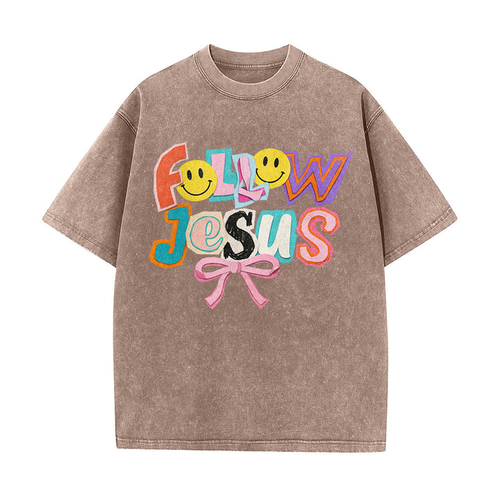 Christianartworkshop T-shirt unisexe délavé avec inscription « Follow Jesus Smile Bow Color Block Letter » - image 14