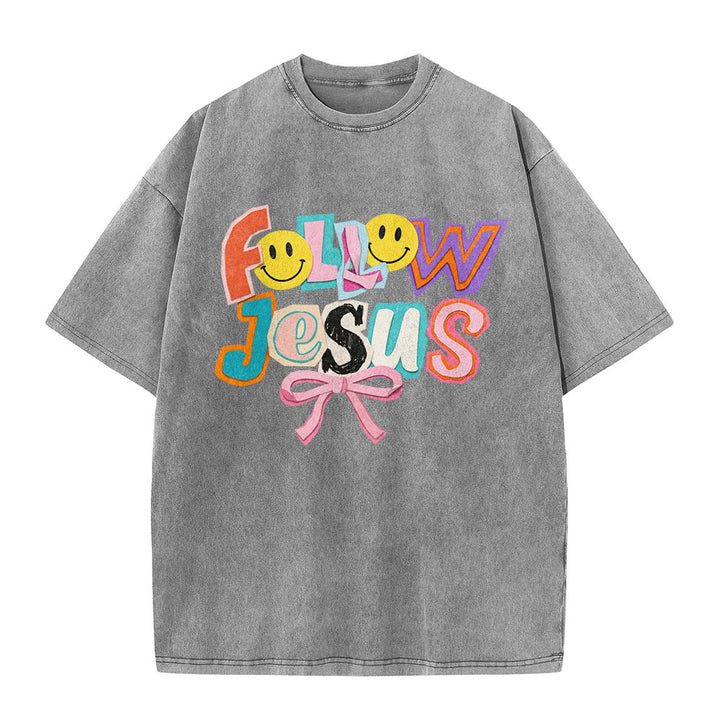Christianartworkshop T-shirt unisexe délavé avec inscription « Follow Jesus Smile Bow Color Block Letter » - image 5