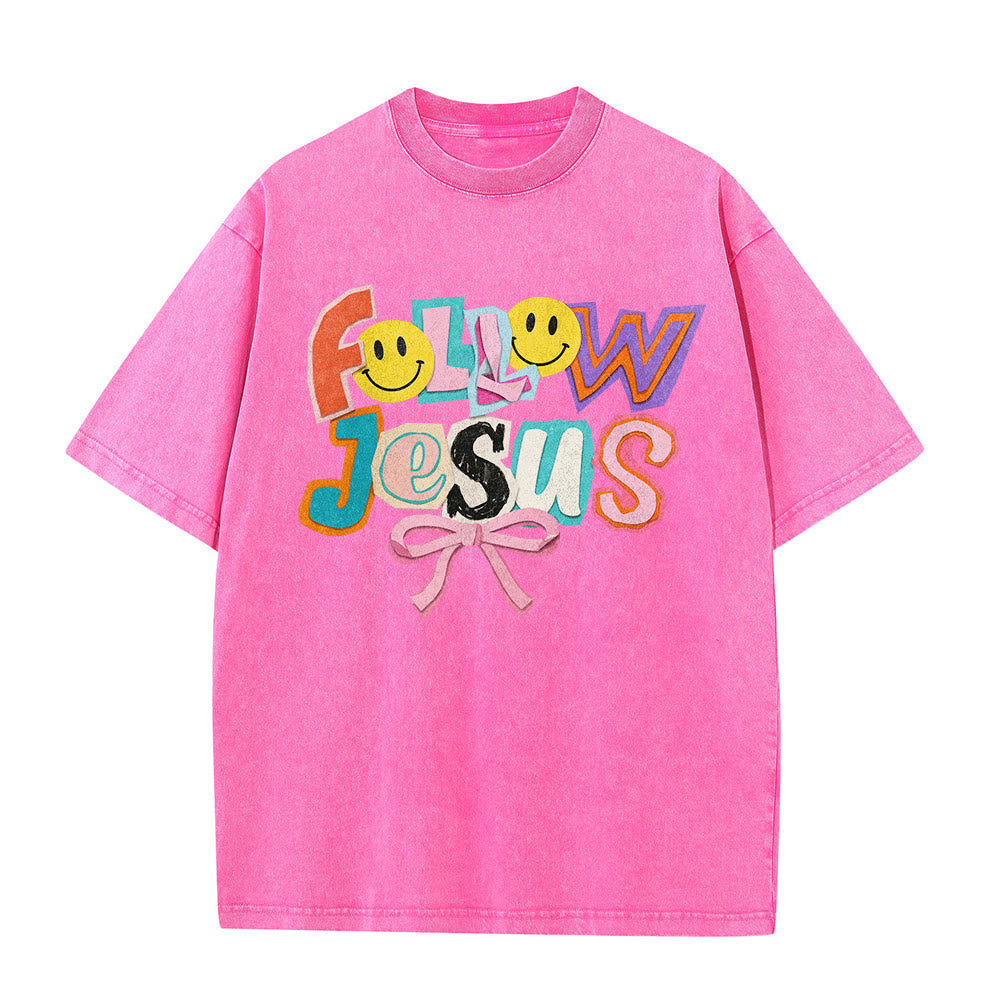 Christianartworkshop T-shirt unisexe délavé avec inscription « Follow Jesus Smile Bow Color Block Letter » - image 20
