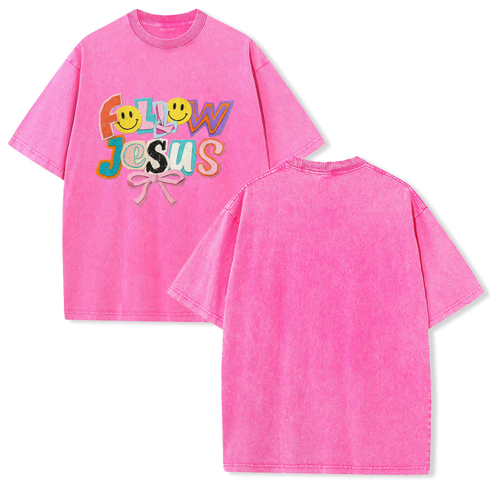 Christianartworkshop T-shirt unisexe délavé avec inscription « Follow Jesus Smile Bow Color Block Letter » - Rose - 5XL - image 19