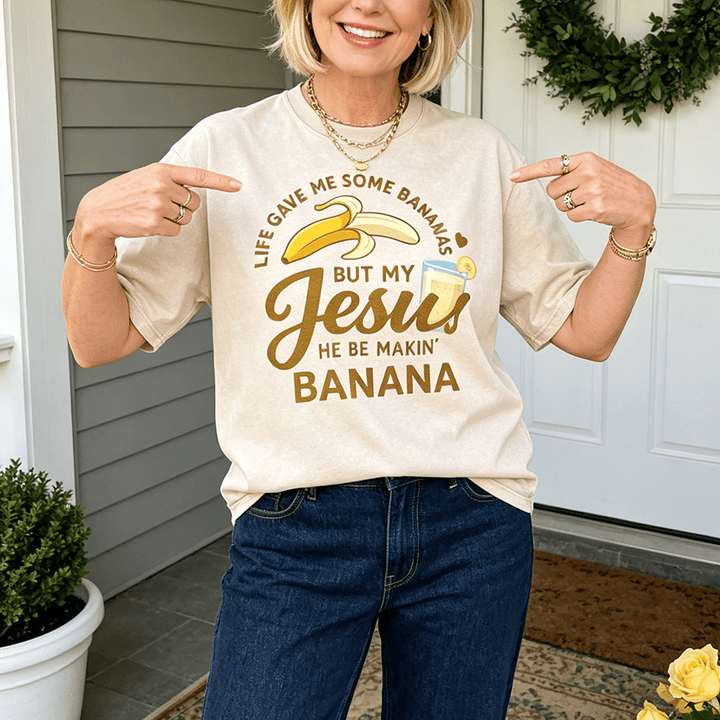 Christianartworkshop T-shirt unisexe délavé à motif « La vie m'a donné des bananes, mais mon Jésus prépare du jus de banane » - image 0