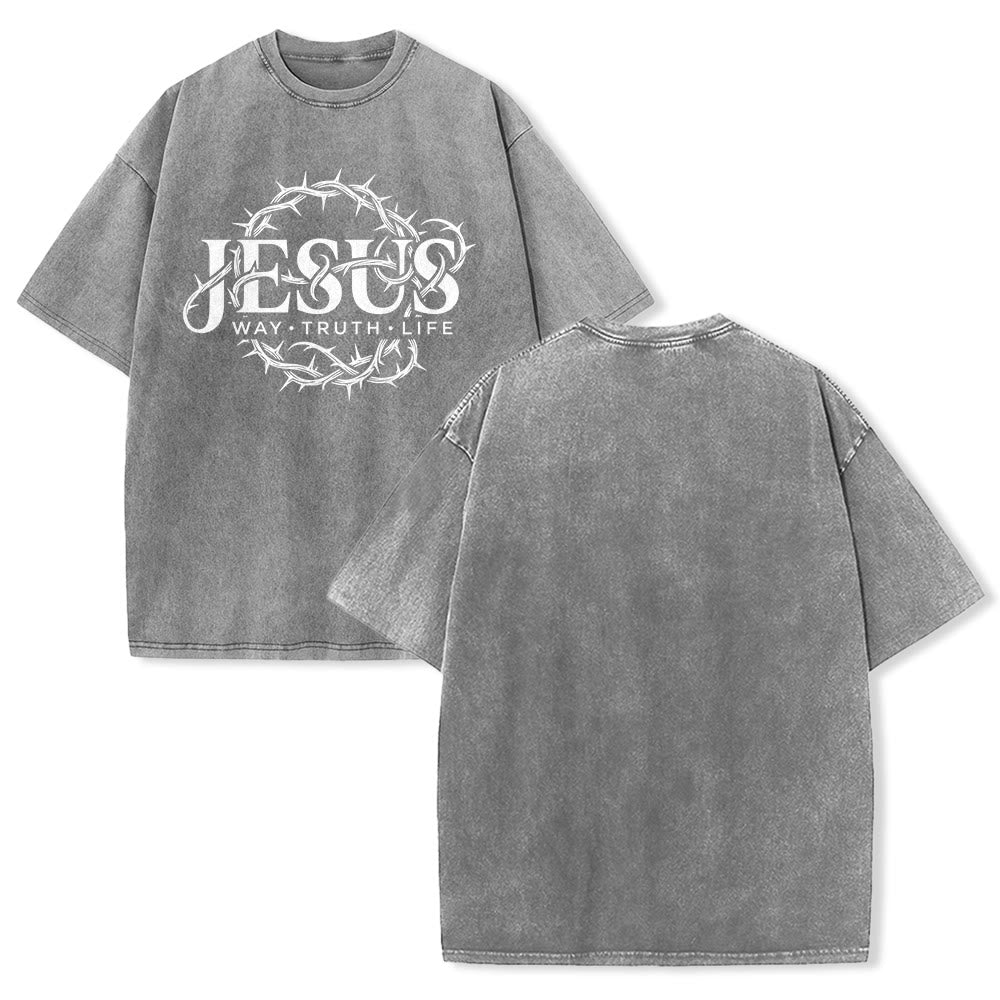 Christianartworkshop T-shirt unisexe délavé avec motif circulaire « Le Chemin de Jésus, la Vérité, la Vie et la Couronne d'épines » - Gris - 5XL - image 4