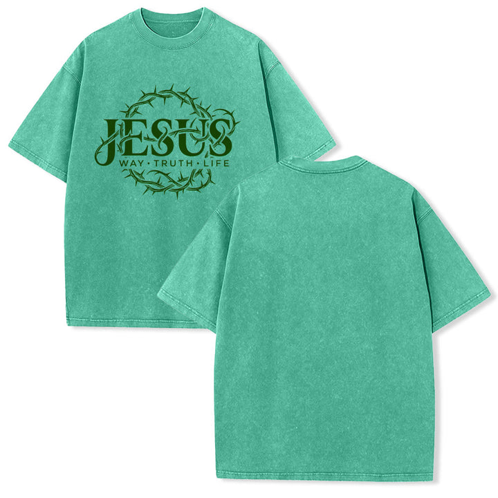 Christianartworkshop T-shirt unisexe délavé avec motif circulaire « Le Chemin de Jésus, la Vérité, la Vie et la Couronne d'épines » - Vert - 5XL - image 10