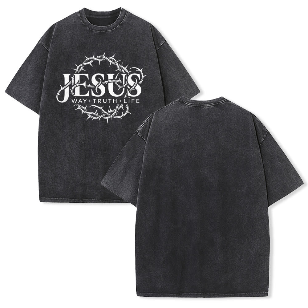 Christianartworkshop T-shirt unisexe délavé avec motif circulaire « Le Chemin de Jésus, la Vérité, la Vie et la Couronne d'épines » - Noir - 5XL - image 1