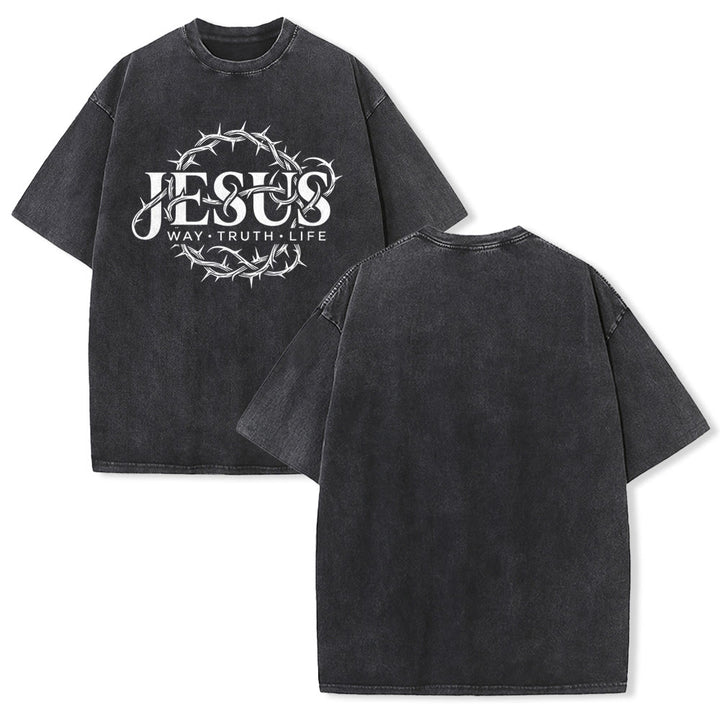Christianartworkshop T-shirt unisexe délavé avec motif circulaire « Le Chemin de Jésus, la Vérité, la Vie et la Couronne d'épines » - Noir - 5XL - image 1