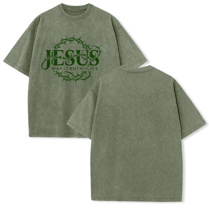 Christianartworkshop T-shirt unisexe délavé avec motif circulaire « Le Chemin de Jésus, la Vérité, la Vie et la Couronne d'épines » - Vert armée - 5XL - image 7