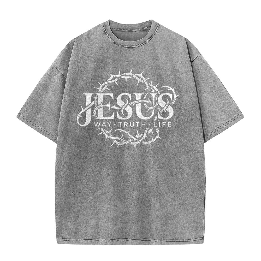 Christianartworkshop T-shirt unisexe délavé avec motif circulaire « Le Chemin de Jésus, la Vérité, la Vie et la Couronne d'épines » - image 5