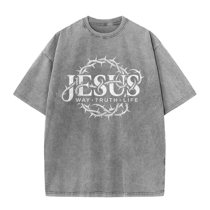 Christianartworkshop T-shirt unisexe délavé avec motif circulaire « Le Chemin de Jésus, la Vérité, la Vie et la Couronne d'épines » - image 5