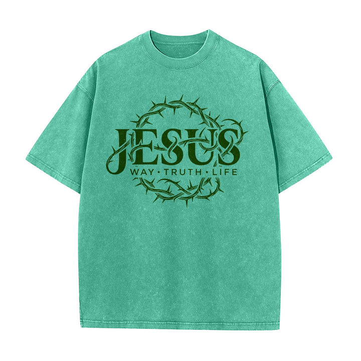 Christianartworkshop T-shirt unisexe délavé avec motif circulaire « Le Chemin de Jésus, la Vérité, la Vie et la Couronne d'épines » - image 11