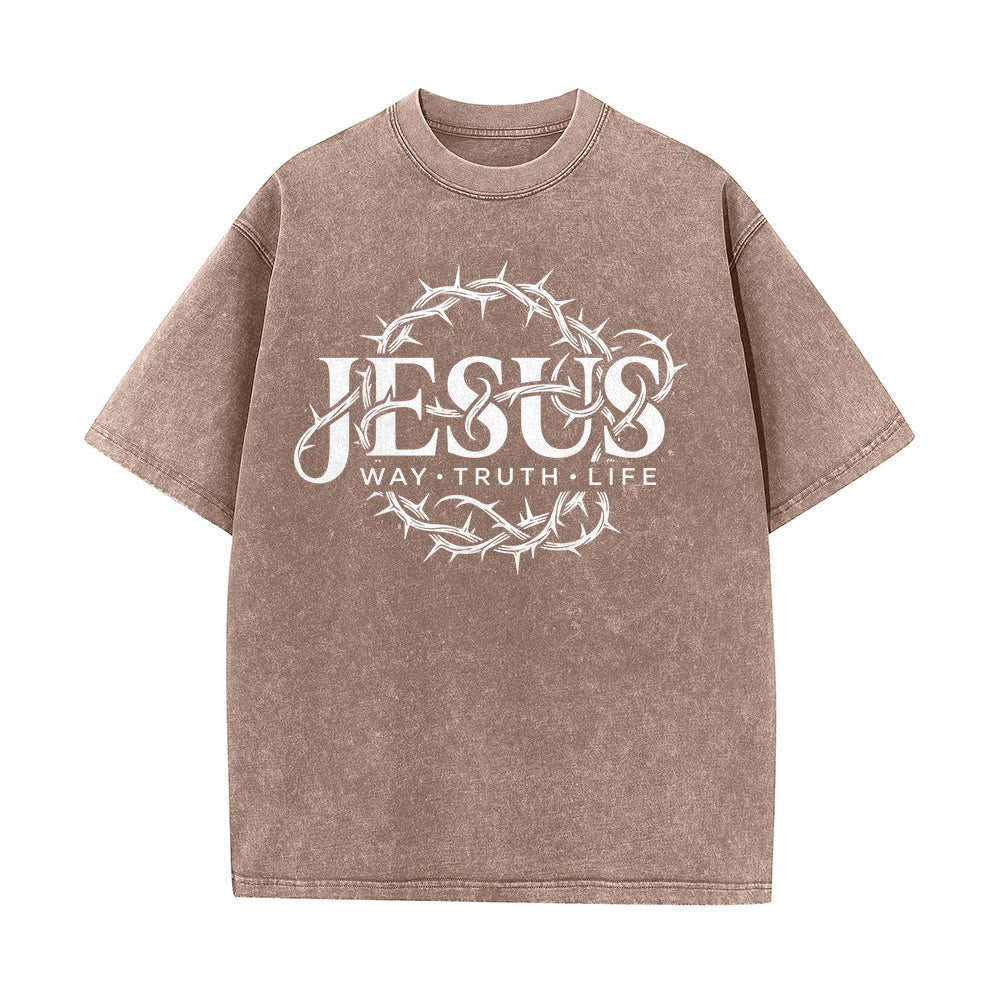 Christianartworkshop T-shirt unisexe délavé avec motif circulaire « Le Chemin de Jésus, la Vérité, la Vie et la Couronne d'épines » - image 14