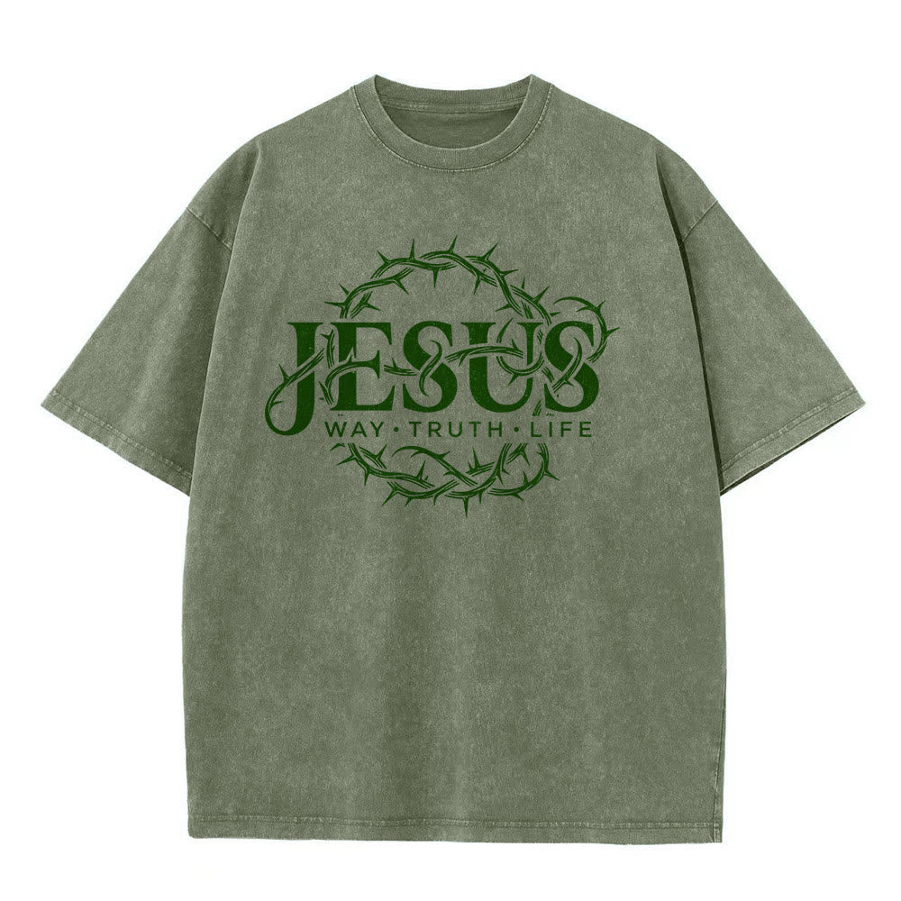 Christianartworkshop T-shirt unisexe délavé avec motif circulaire « Le Chemin de Jésus, la Vérité, la Vie et la Couronne d'épines » - image 8