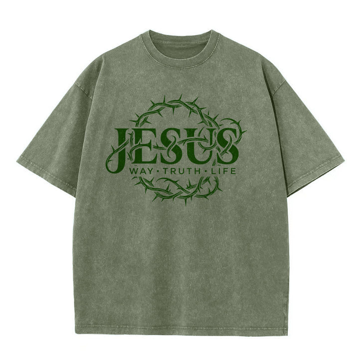 Christianartworkshop T-shirt unisexe délavé avec motif circulaire « Le Chemin de Jésus, la Vérité, la Vie et la Couronne d'épines » - image 8