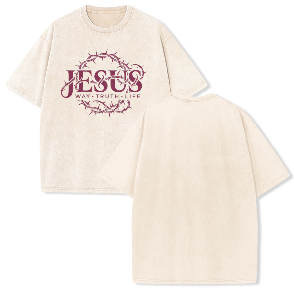 Christianartworkshop T-shirt unisexe délavé avec motif circulaire « Le Chemin de Jésus, la Vérité, la Vie et la Couronne d'épines » - Beige - 5XL - image 16