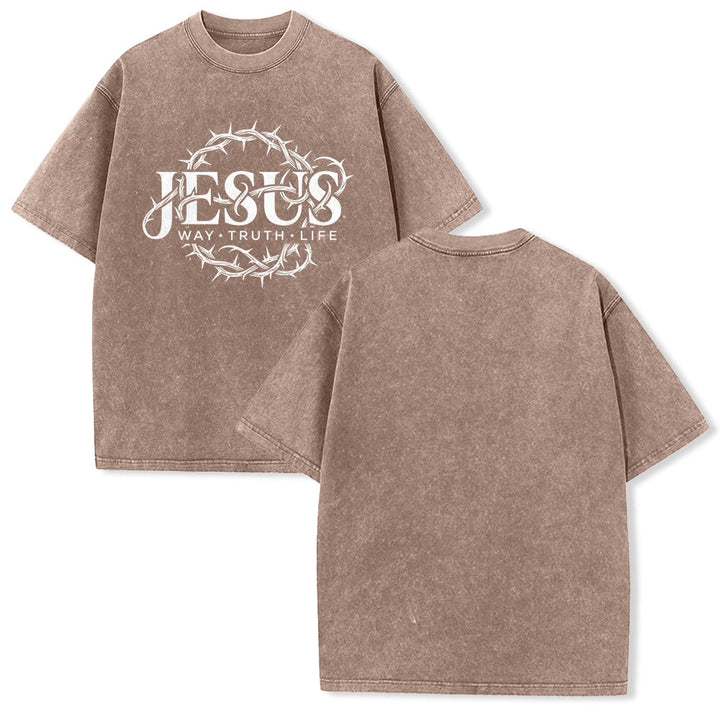Christianartworkshop T-shirt unisexe délavé avec motif circulaire « Le Chemin de Jésus, la Vérité, la Vie et la Couronne d'épines » - Brun - 5XL - image 13